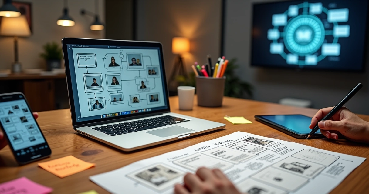 Mesa com profissional criando narrativa visual de marketing em várias telas digitais 