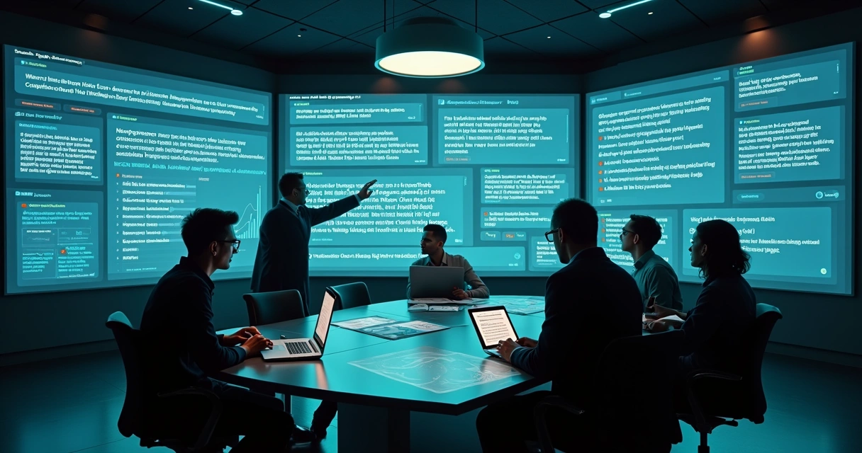 Marketing team reviewing AI chat responses about their brand on large screens 
