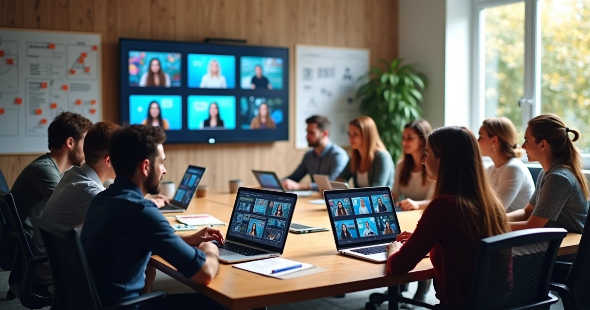 Marketing team collaborating with AI video generator 