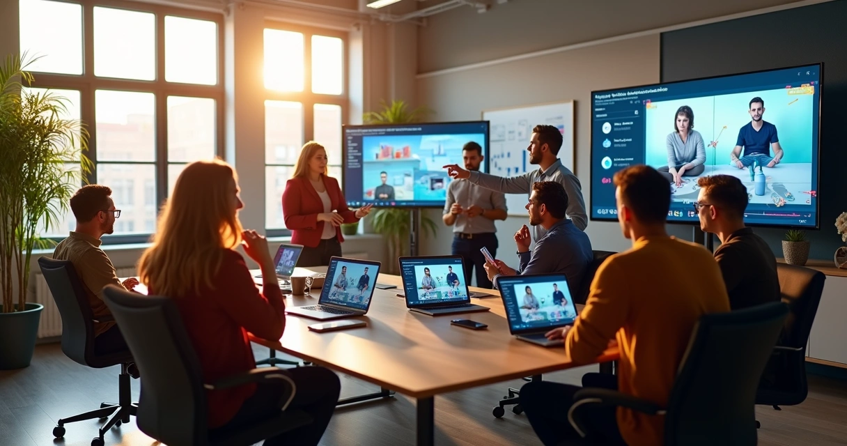 Marketing team collaborating on video ad creation with AI tools on multiple screens 
