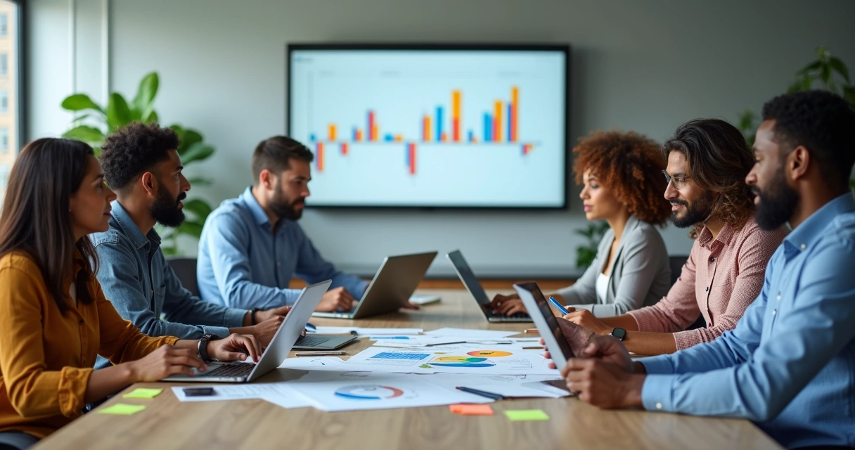 Marketing team discussing campaign results with reports and charts