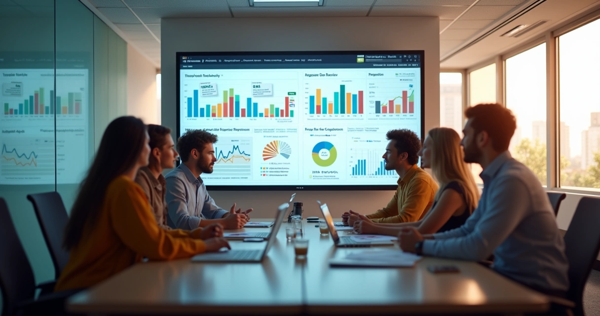 Marketing team meeting with digital dashboards on display