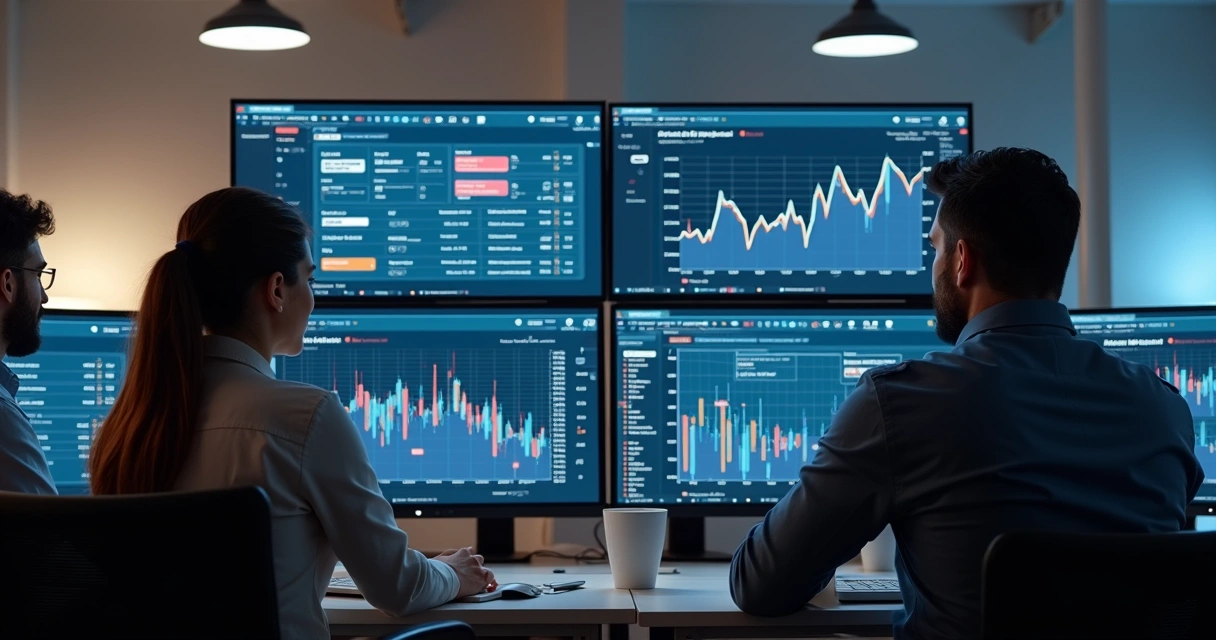 Team reviewing AI-generated brand data on screens 