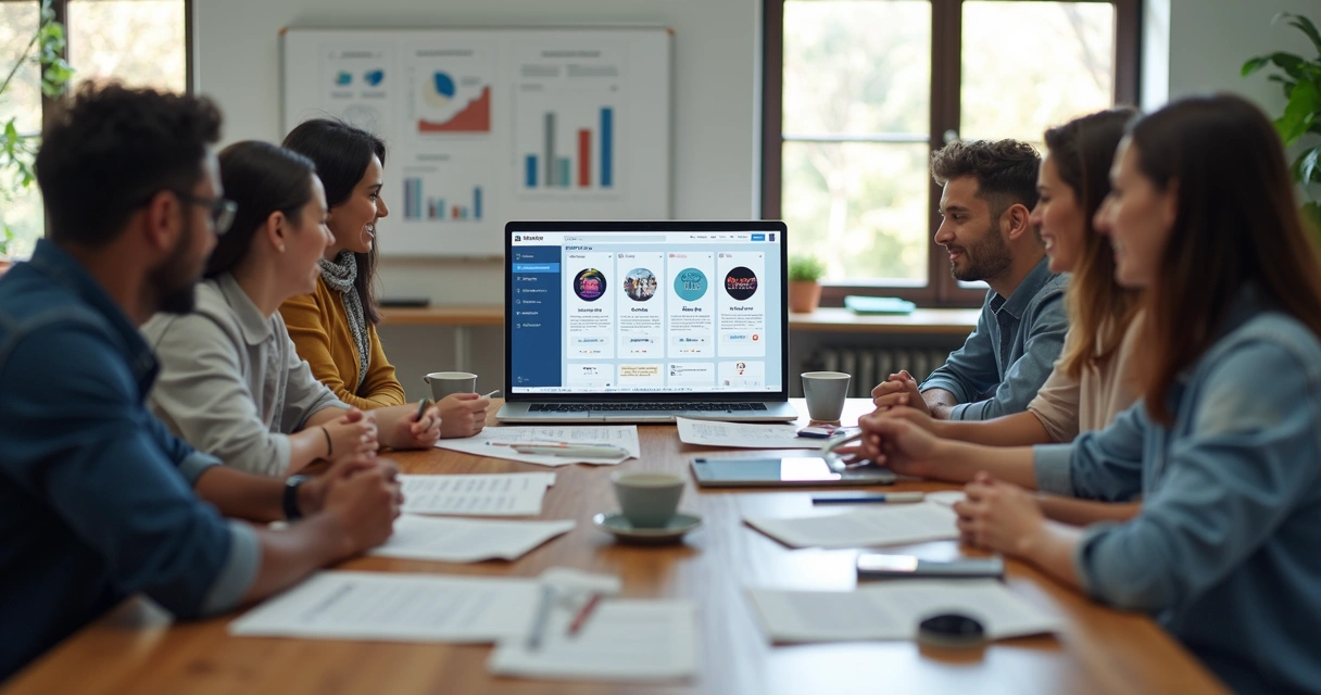 Marketing team collaborating on AI-powered ad copy generation on a laptop screen 