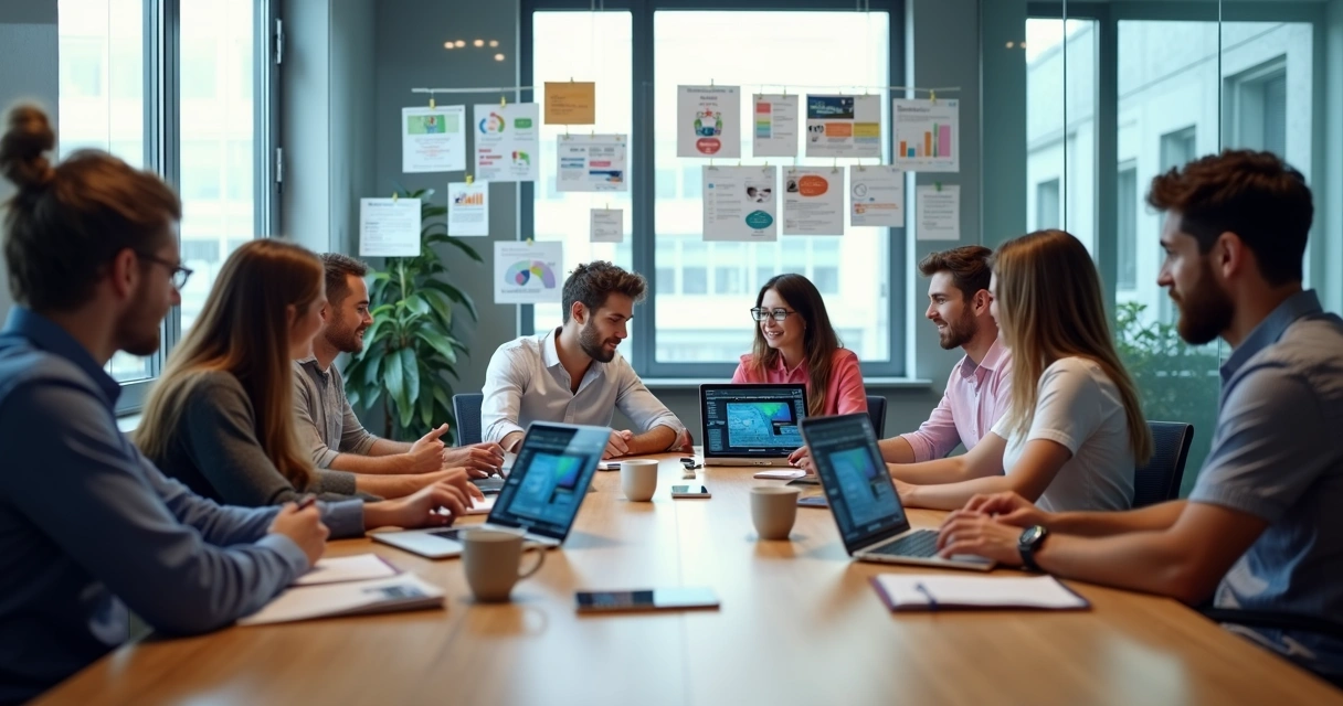 Marketing team collaborating with AI-powered ad creation tools on laptops and tablets 