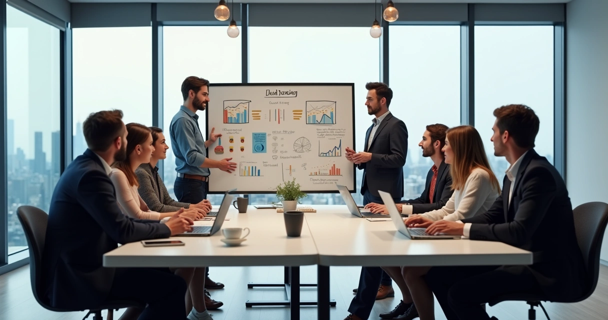 Equipes de marketing e vendas reunidas trocando ideias em mesa retangular 