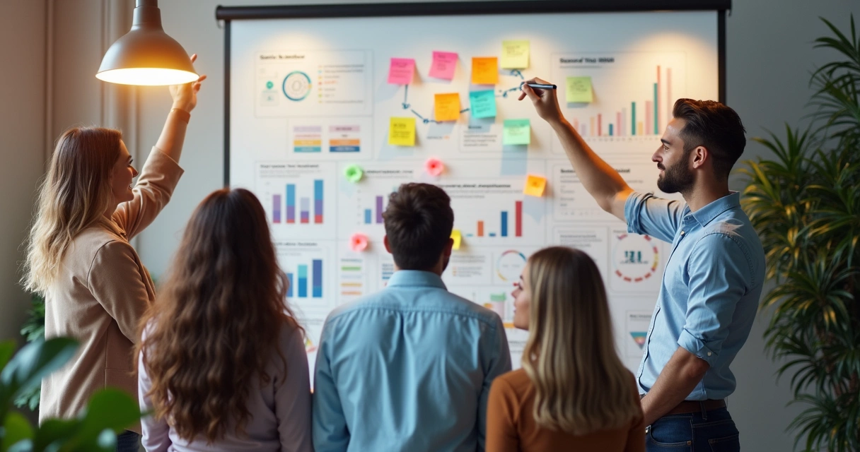 Marketing e vendas trabalhando juntos em equipe alinhada em frente a quadro branco