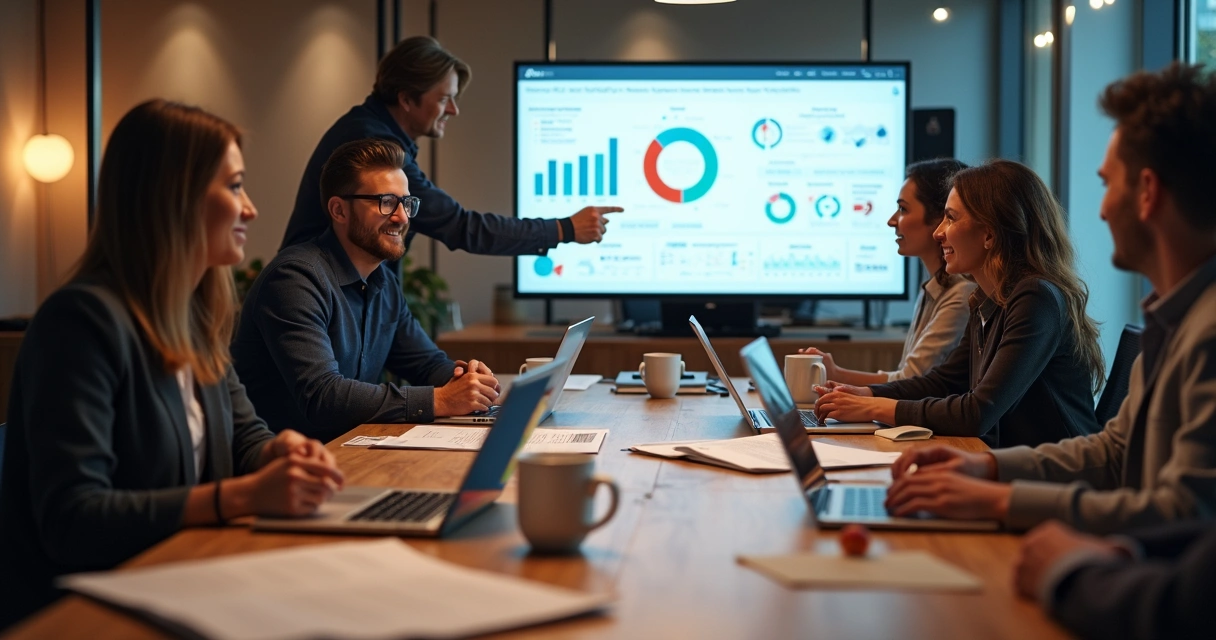 Equipe de marketing e vendas trabalhando junta em ambiente colaborativo 