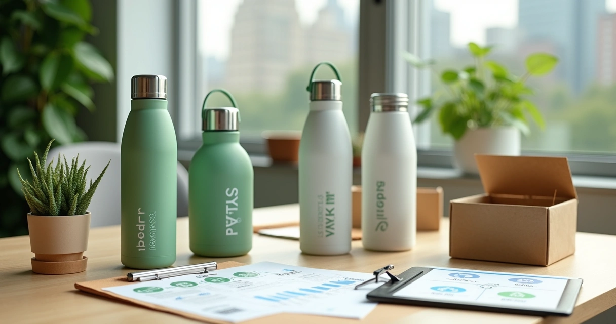 Coqueteleiras personalizadas ecológicas sobre mesa de madeira com elementos de marketing verde 
