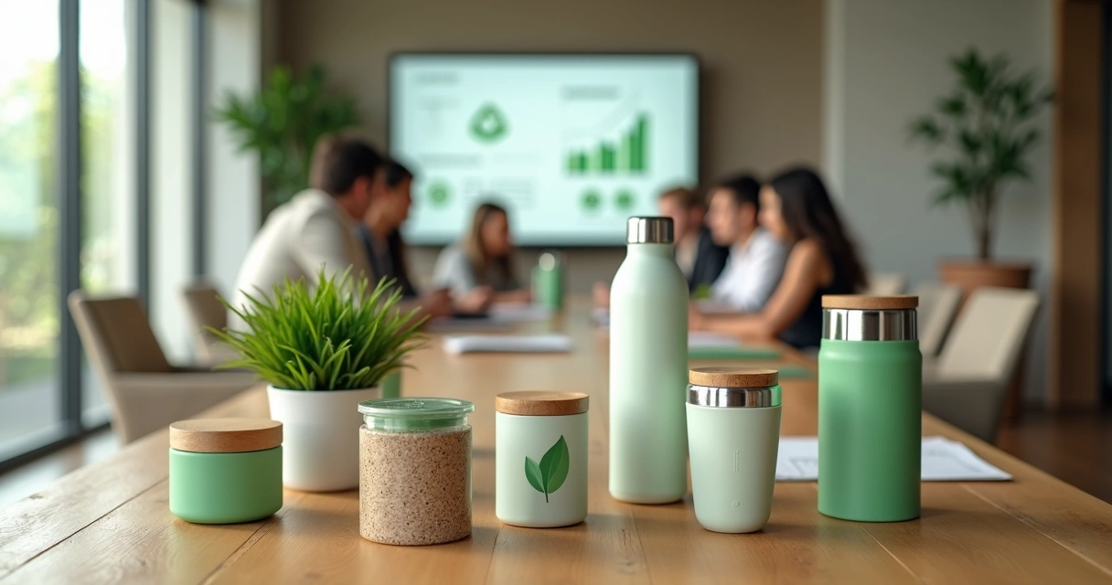 Brindes sustentáveis com coqueteleiras personalizadas em cenário de marketing verde 