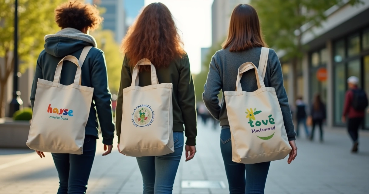 Pessoa usando ecobag personalizada com logo de empresa em ambiente urbano. 