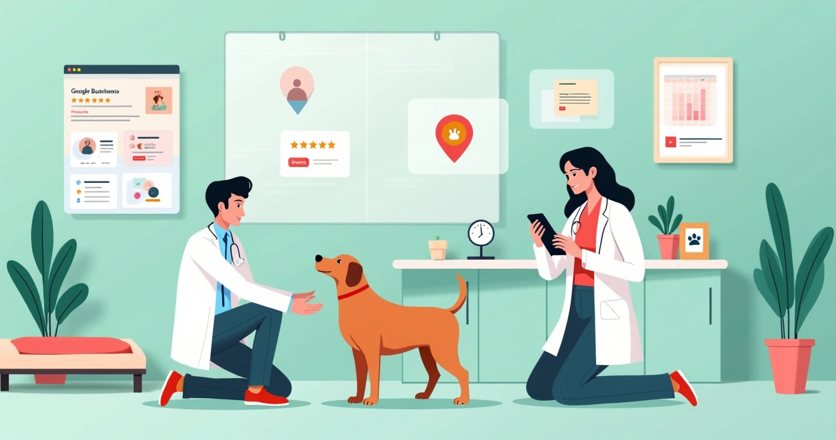 Veterinário em consultório acolhedor interagindo online com tutora e pet em ilustração 