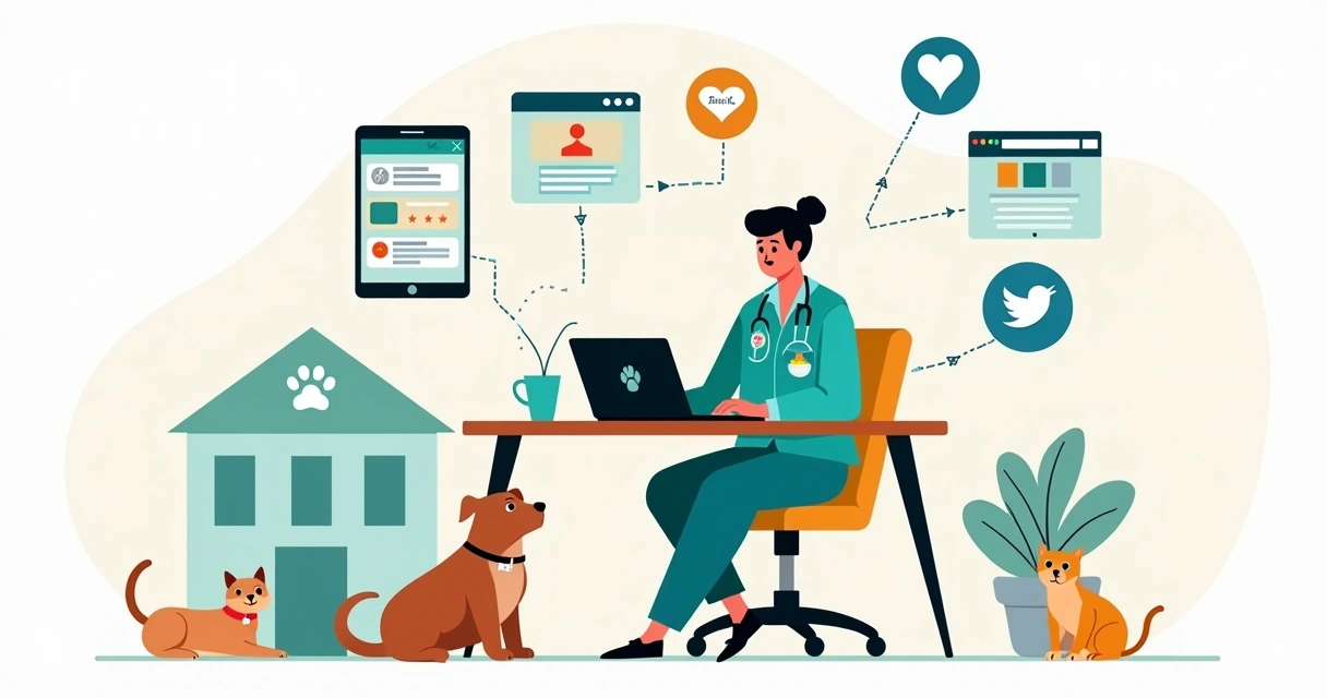 Veterinário criando ações de marketing digital com cães e gatos ao redor 