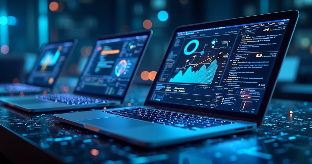 Interface digital mostrando um marketplace de APIs com gráficos, códigos e ícones tecnológicos em fundo azul escuro 