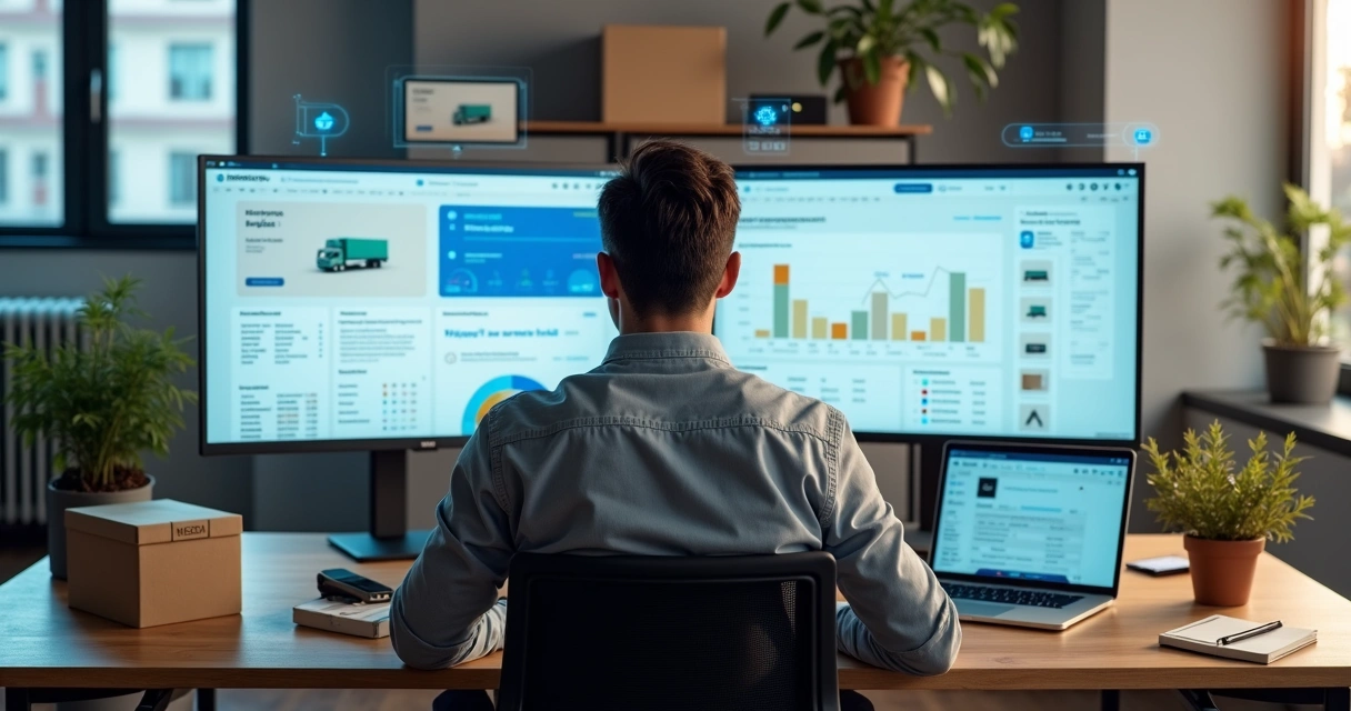 Vendedor analisando vários marketplaces brasileiros em telas digitais 