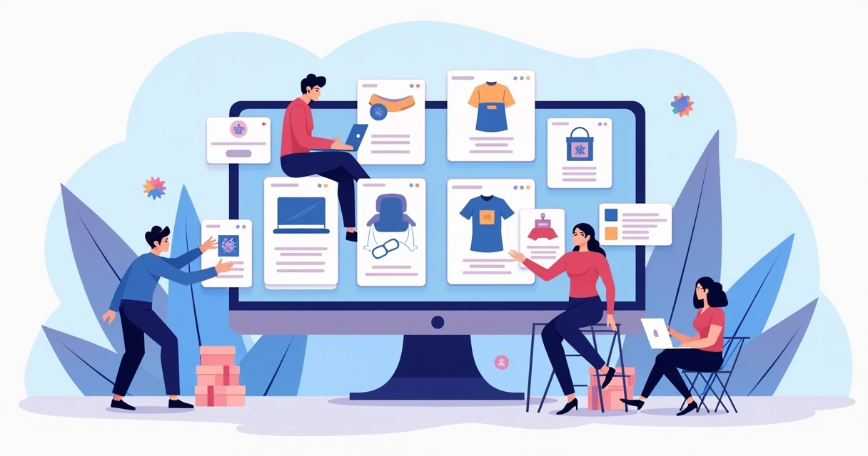 Ilustração de marketplace digital com vários produtos em destaque 