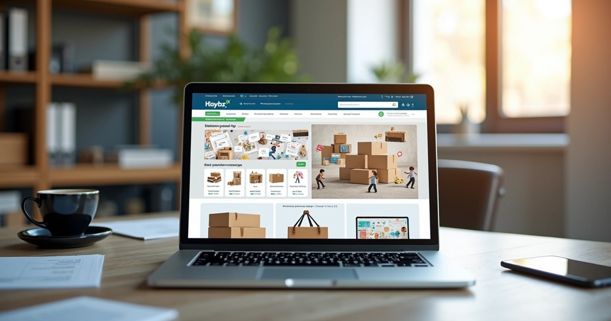 Computador aberto com tela dividida mostrando marketplace de um lado, com vários produtos e vendedores, e dropshipping do outro, com loja virtual e fornecedores ao fundo 