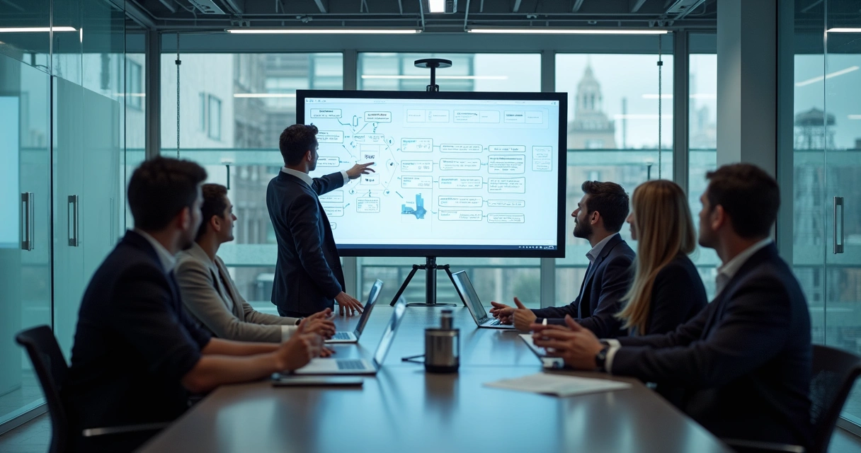 Time técnico em reunião analisando integrações via API em um marketplace 