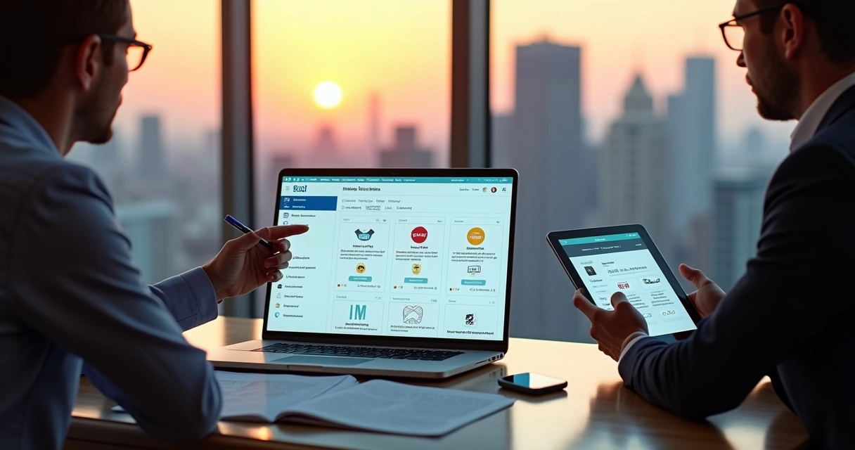 Tela de marketplace de marcas com empresários e advogados conectados em ambiente digital 