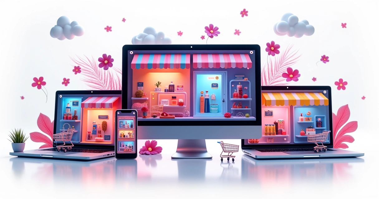 Várias vitrines digitais com produtos e serviços expostos 