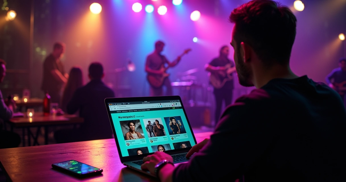 Organizador de eventos usando plataforma digital de marketplace de shows em notebook com banda ao fundo 