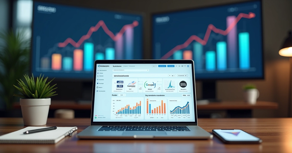 Tela de notebook exibindo vários marketplaces com gráficos de vendas ao fundo 