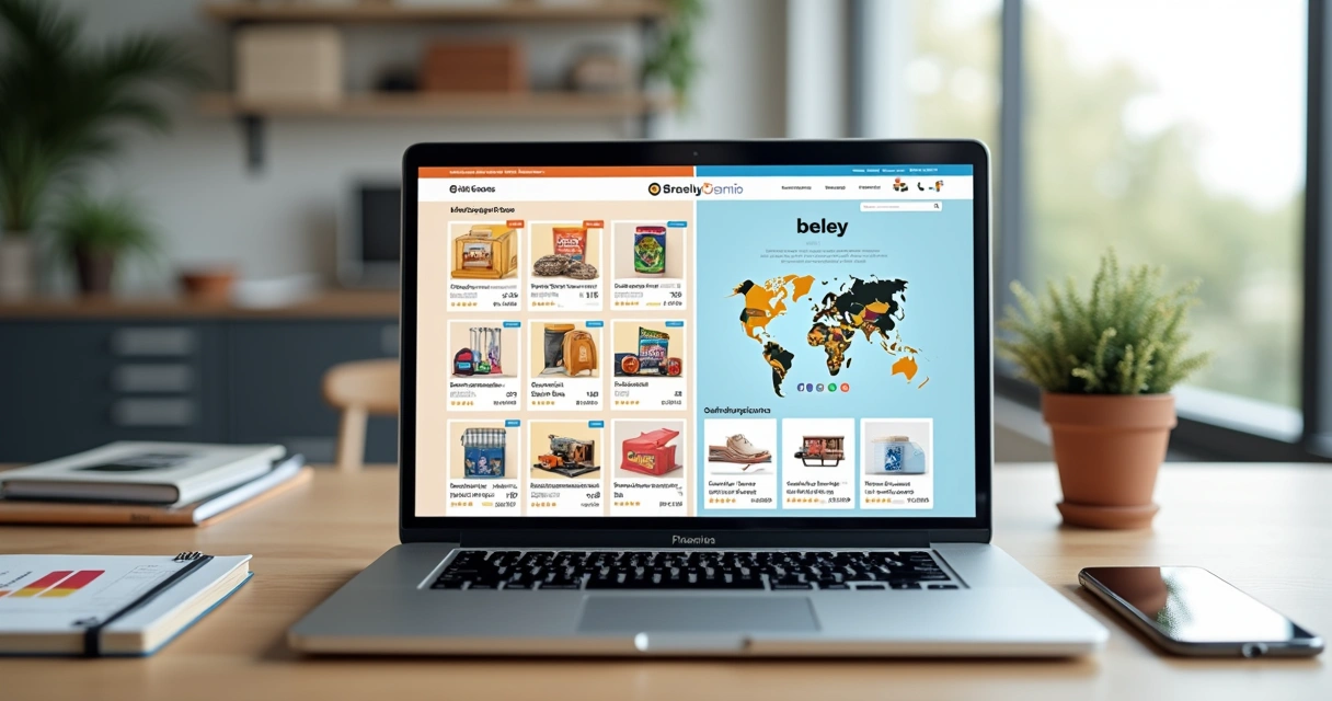 Comparação visual entre marketplace tipo shopping virtual e loja de e-commerce própria na tela de notebook 