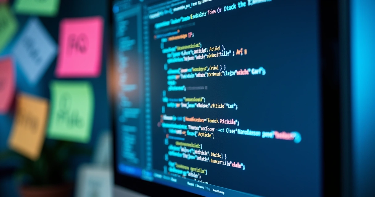 Visualização de schema markup e dados estruturados em código na tela de computador 