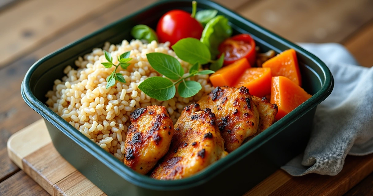 Marmita colorida com arroz integral, frango grelhado, legumes e folhas de moringa