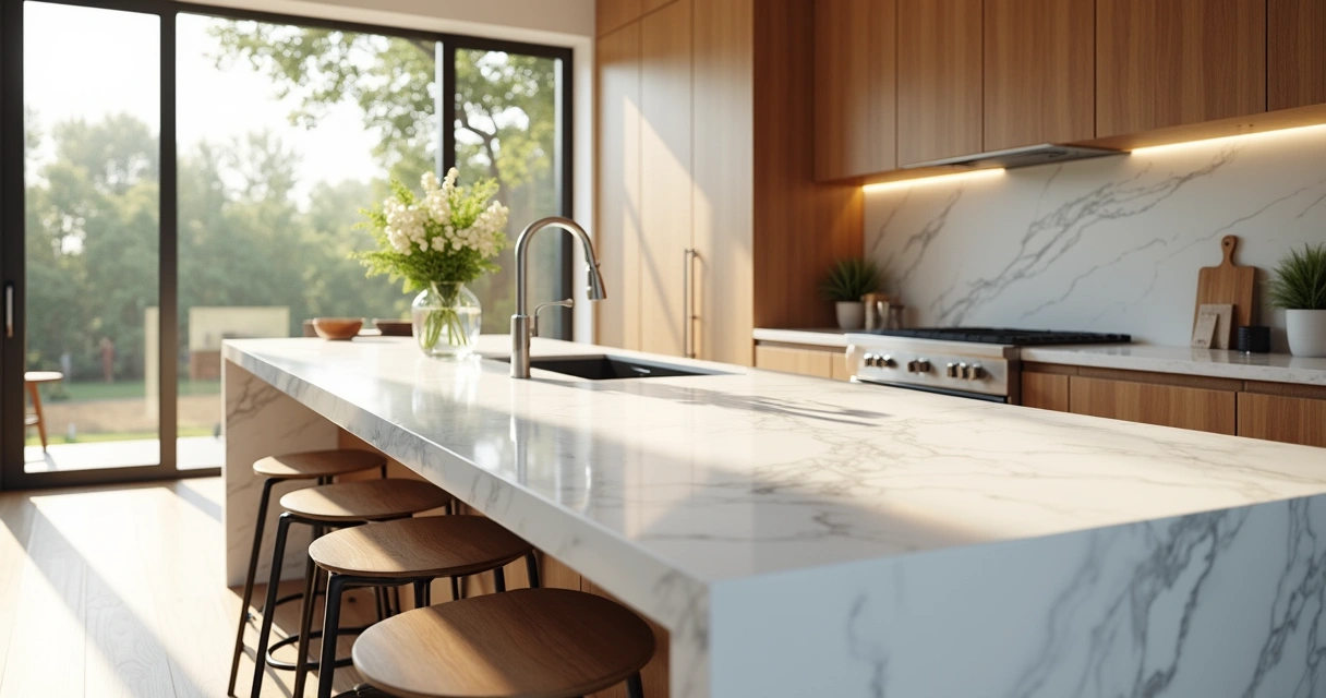 Bancada de mármore branco Carrara em cozinha minimalista, iluminação natural 