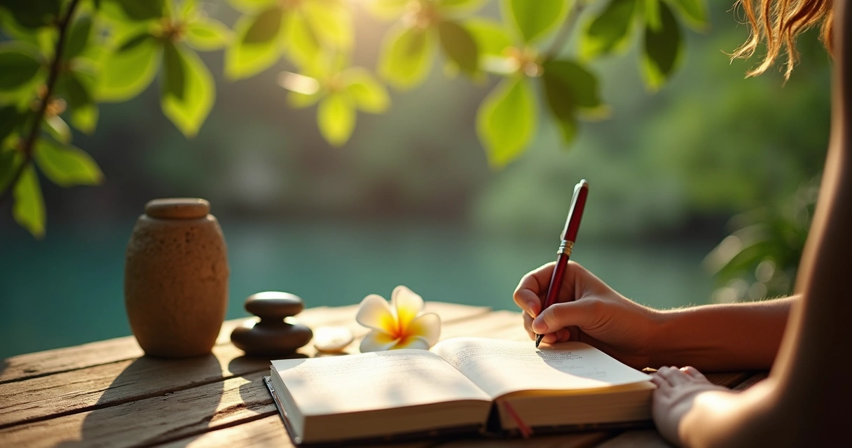 Journaling and meditation surrounded by peaceful nature 