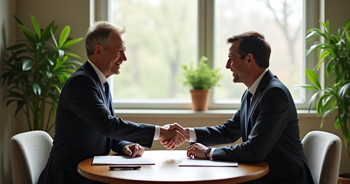 Two people shaking hands after reaching an agreement