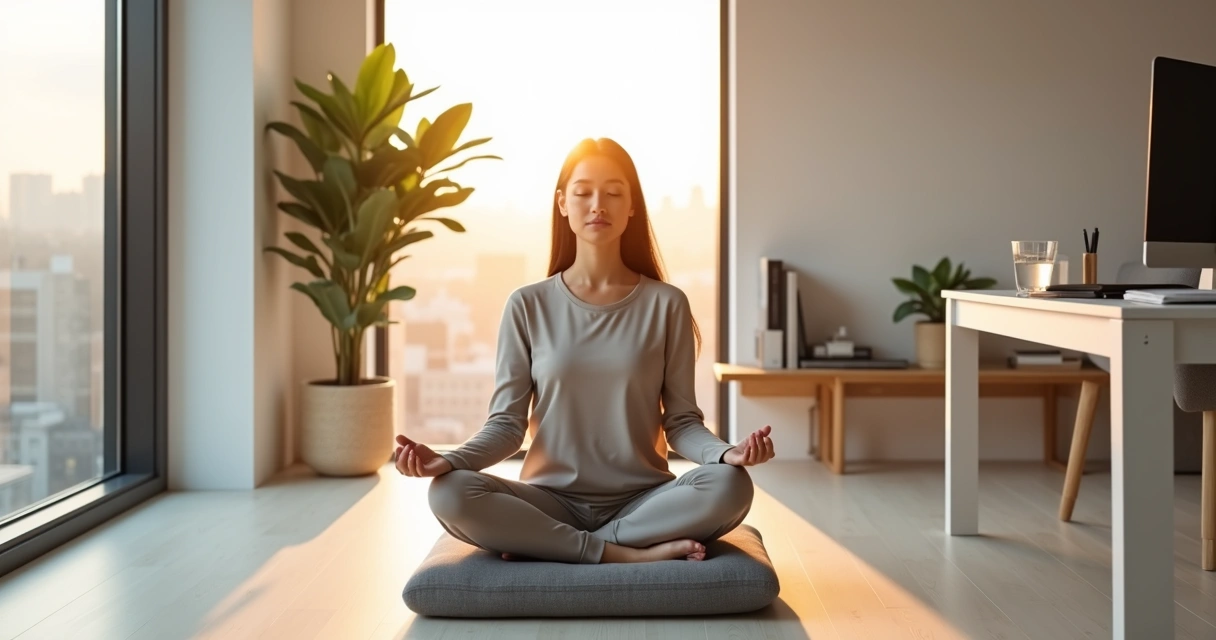 Busy professional practicing seated meditation by a window in a calm minimalist office 