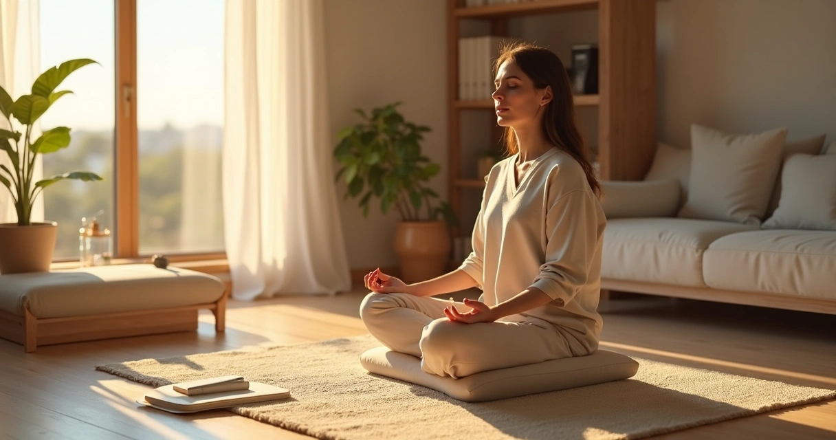 Person meditating on a cushion in a bright living room during sunrise 