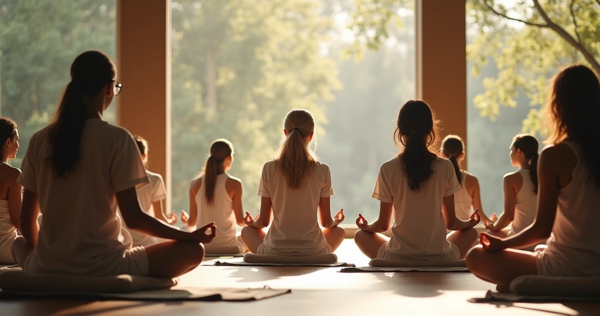People meditating together in a bright room 