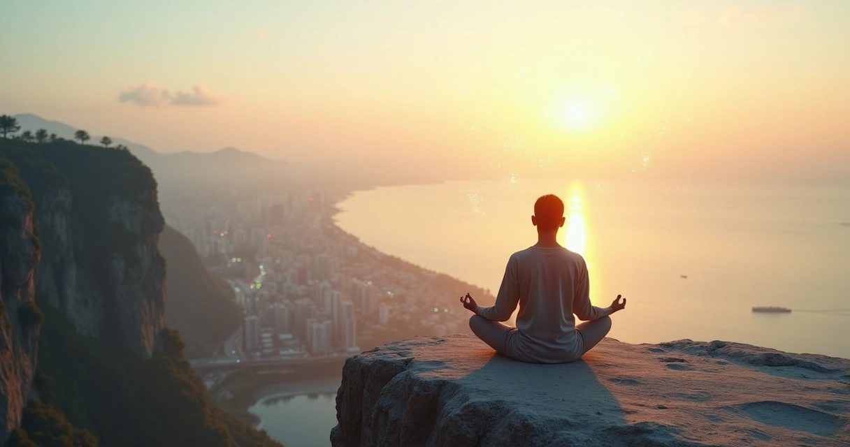 Person meditating on a cliff at sunrise with flowing light connecting to a city below 
