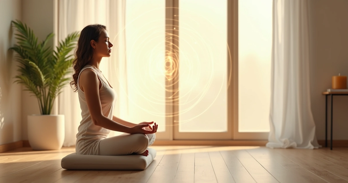 Person meditating indoors with subtle energetic field around the body 