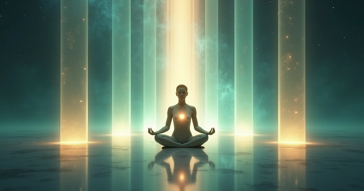 Human silhouette meditating inside a glowing sphere surrounded by five luminous pillars of light 