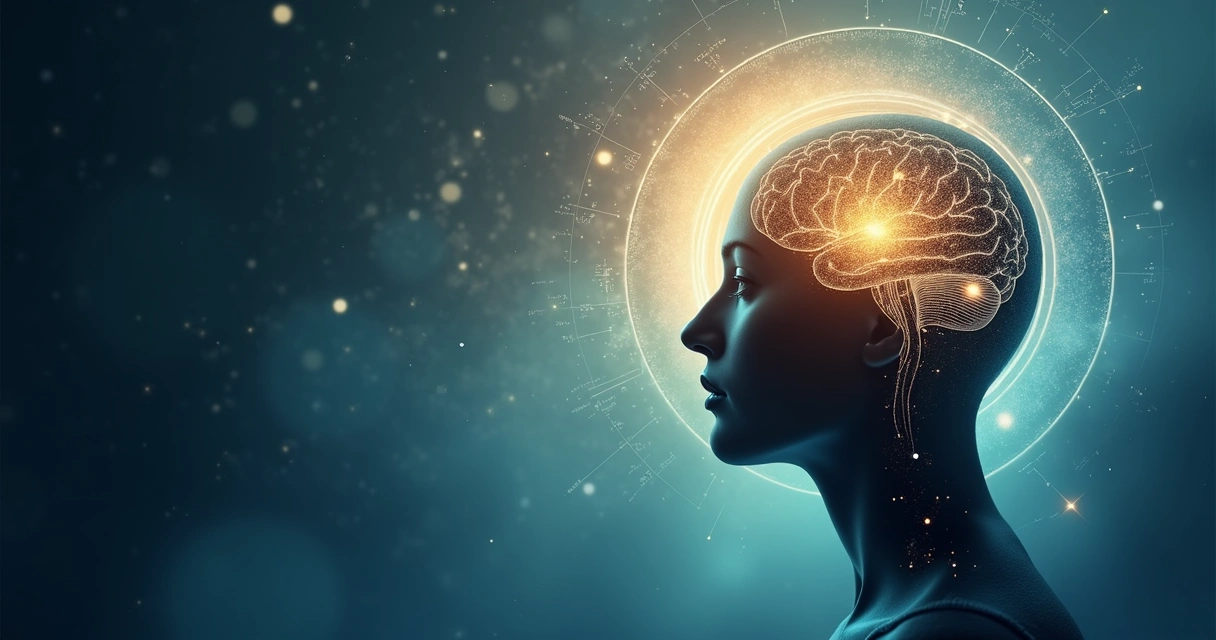 Human silhouette with luminous brain and layered circles of mind, emotion and consciousness 