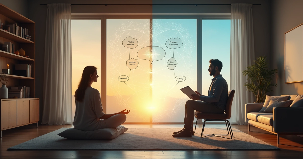 Split scene contrasting reflective philosophy with structured cognitive therapy 