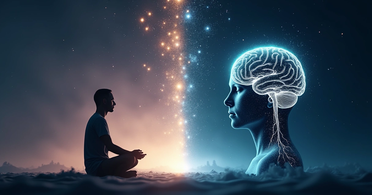 Split scene contrasting contemplative human silhouette with analytical brain diagrams 