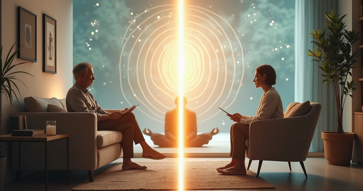 Split-screen comparison of therapist office and contemplative inner work 