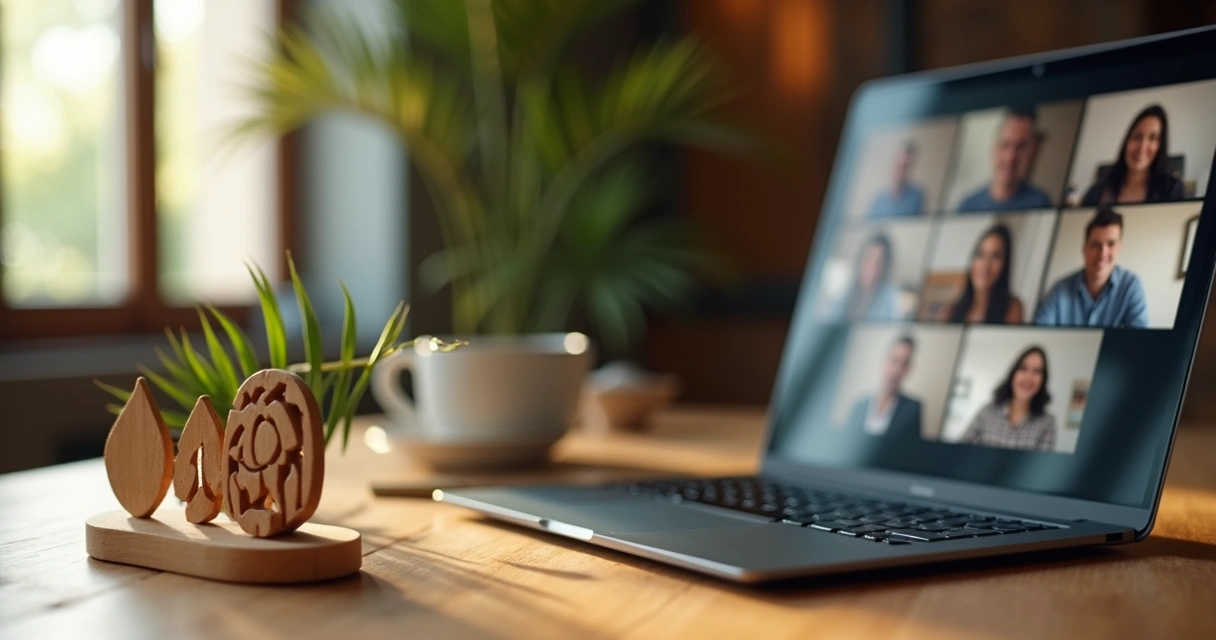 Close-up of Marquesan symbols displayed beside a laptop during a team call