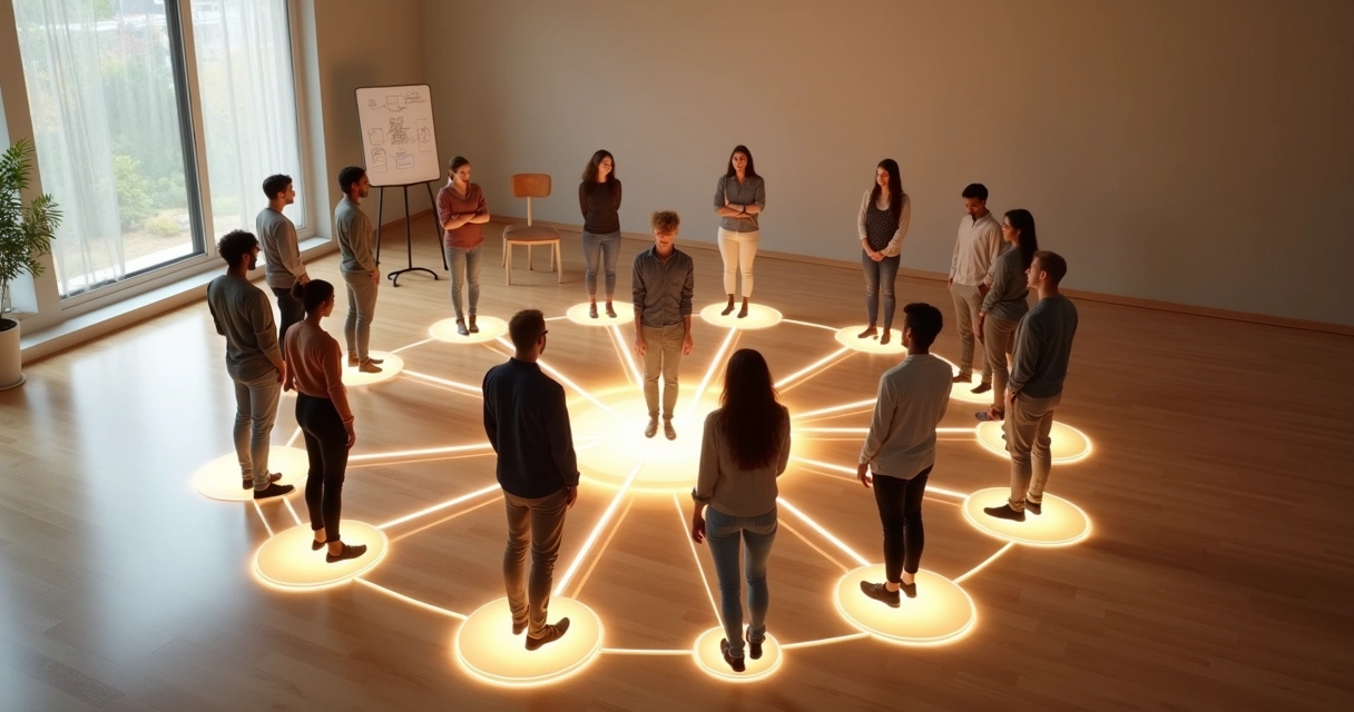 People standing in a circle connected by glowing lines in a calm space 
