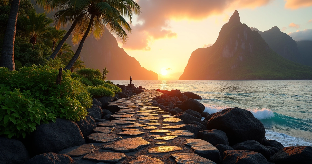 Coastal stone path splitting into two under sunset light 