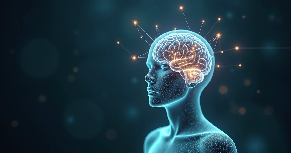 Human silhouette with layered translucent brain and luminous geometric patterns 