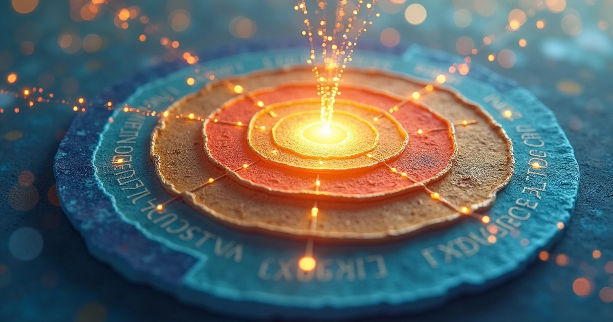 A conceptual illustration of layered circles representing the mind, emotion, behavior, and consciousness, with interconnected threads