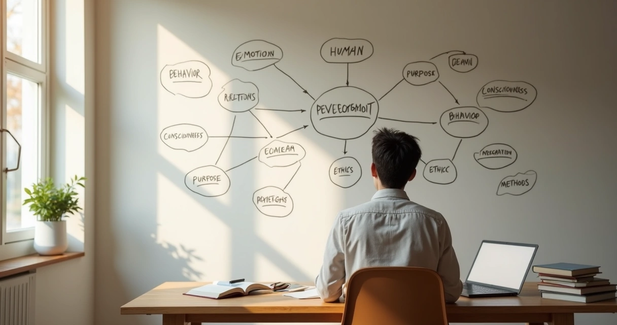 Student studying a large integrative concept map about consciousness on a wall 
