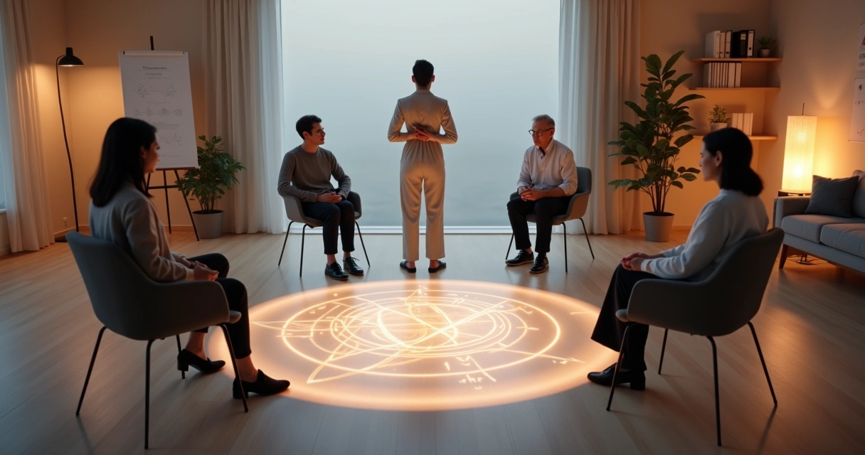 Facilitator guiding clients through a constellation diagram of glowing lines in a calm room 