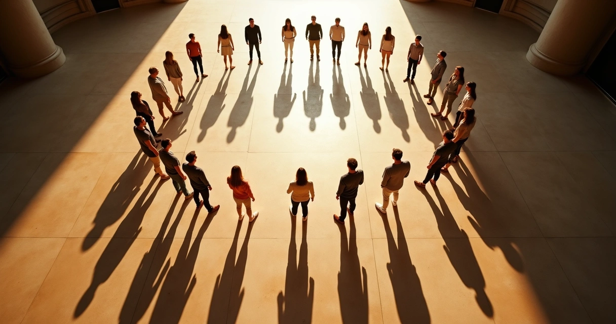 People standing in a circle with overlapping shadows on the floor
